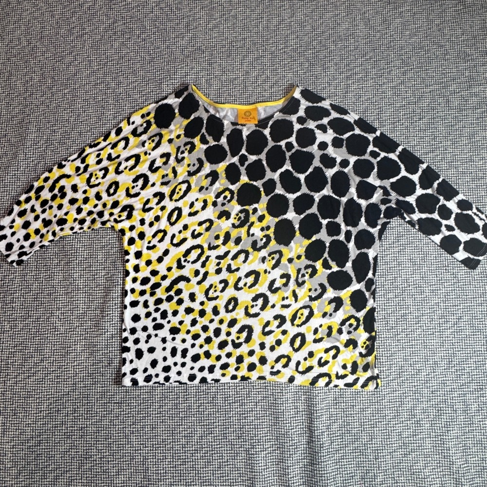 Ruby Rd Petite Mixed Animal Print Top 3/4 Sleeve Black Yellow White Polka Dot L